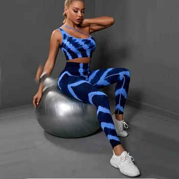 Bir Omuz kadın Yoga Seti Eşofman Kadın Giyim kravat boya Spor Yüksek Bel Atletik Tayt Egzersiz Sutyen Sıkı Takım Elbise