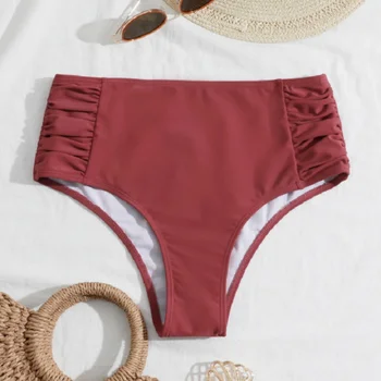 2022 Yüksek Bel Dantelli Bikini Dipleri Kadın Karın Kontrol Mayo Külot Pantolon Katı Beachwear Spandex Plaj Tarzı Yaz