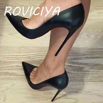 Siyah pompalar sivri burun 12 cm yüksek topuklu seksi sığ kadın ayakkabı parti akşam ayakkabı metal topuk 10 cm 8 cm YG041 ROVICIYA