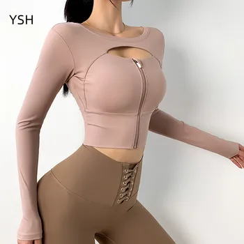 Seksi Çapraz Geri Sıkı Spor Üst Spor Fermuar Hollow Yoga Gömlek Kadın Uzun Kollu Spor Kırpma Üst Yastıklı koşu giyimi