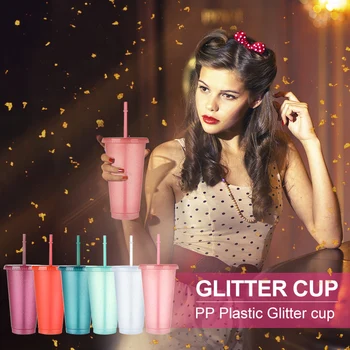 480 ML/700 Ml Glitter pipetli kupa Kızlar İçin Sert Plastik Buzlu kapaklı bardak Seyahat su Suyu Kahve Fincanı Drinkware