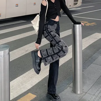 Siyah Yüksek Bel kadın Düz Kot Baggy Harajuku Patchwork Streetwear Baskı Kore Moda Kot Pantolon Geniş Bacak Pantolon