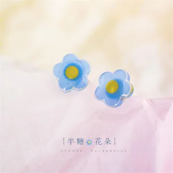 Yeni Küçük Çiçek Mizaç Gümüş Kaplama Takı Güzel Mavi Yaz Çiçek Epoksi Sevimli Saplama Küpe E062