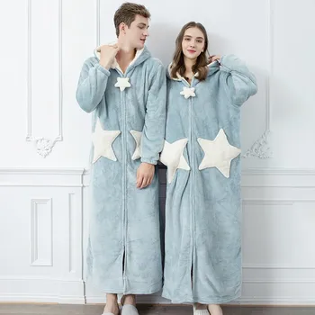 Çift Yıldız Nightgowns Yeni Sonbahar Kış Kore Versiyonu Loungewear Mercan Kadife Kalınlaşmış Gecelikler erkek Uzun Pijama