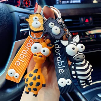 Moda Karikatür Anahtarlık PVC Zebra Zürafa Ayı Köpek Hayvan Charm Anahtarlık Komik Oyuncak çanta anahtarlığı Araba anahtarlıklar Kadınlar için Hediyeler