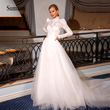 Sumnus Dantel düğün elbisesi Uzun Kollu Tül İnciler Boncuk Yüksek Boyun Dubai gelin elbiseleri Prenses Bir Çizgi Müslüman Gelinlikler