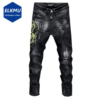 Kafatası Punk Kot Yırtık Moda Streetwear Hip Hop Kot Pantolon Erkek Lüks Tasarımcı Harajuku Skinny Jeans Siyah