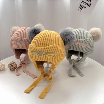 Bebek bere şapkalar Çocuk Örme Ponpon Kış Sonbahar Sevimli Kap Kız Erkek Rahat Sevimli Kedi Sıcak Kız Şapka İki Topları