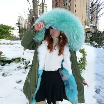 MaoMaoKong 2022 YENİ Gerçek kürk Kapşonlu Kadın Kış parkas Doğal tilki kürk yaka sıcak Ceket çıkarılabilir astar Kadın giyim