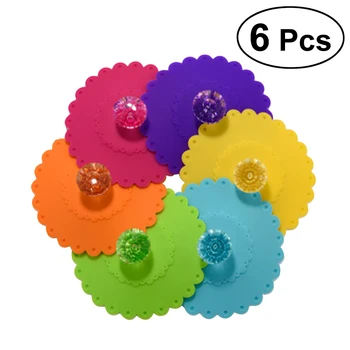 6 Adet 10.5 CM Şeffaf Elmas Çiçek Desenli Bardak Kapakları Toz Geçirmez Silikon Kupa Kapağı Parlak Renkli İçecek Bardağı Kapakları