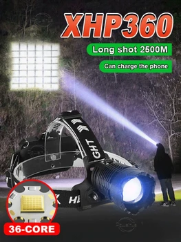 Yeni XHP360 Led far güçlü şarj edilebilir kafa feneri Usb yüksek güç far 18650 açık balıkçılık kafa lambası yanar