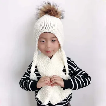 2 parça set bebek Kış şapka eşarp seti gerçek kürk ponpon şapka çocuklar için çocuk tığ yün bere erkek kız kış kulaklığı kap skullies