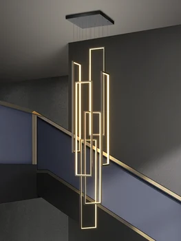 Modern ışık lüks merdiven uzun avizeler yaratıcı altın siyah dikdörtgen dubleks LED kolye ışıkları tavan oturma odası lambaları