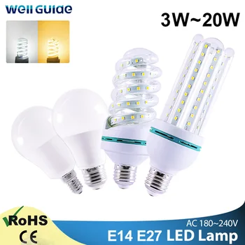 LED Ampul E27 E14 LED lamba ışığı 20 W 16 W 12 W 9 W 5 W 2835SMD AC 220 V 240 V lampara Enerji tasarrufu led mısır rengi lamba masa lambası Bombillas