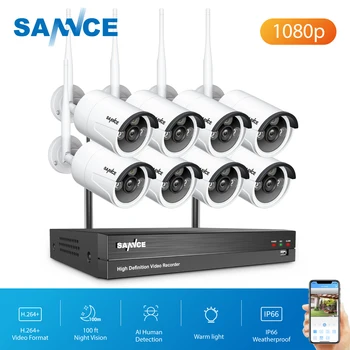 SANNCE 8CH WiFi IP Güvenlik Kamera Sistemi 1080p IP66 Açık Kablosuz CCTV gözetim kameraları AI İnsan Algılama Kameraları