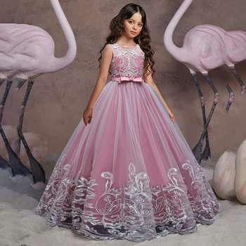 Kabarık Tül Dantel Çiçek Kız Elbise Çocuk Gelin Balo Prenses Elbise Kız Düğün Parti için İlk Communion Tatlı Vestios