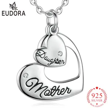 eudora Gerçek 925 Ayar Gümüş Zirkonya Kristal Anne Kızı Kalp Kolye Kolye anneler Günü Hediyesi Aile Hediyeler Takı