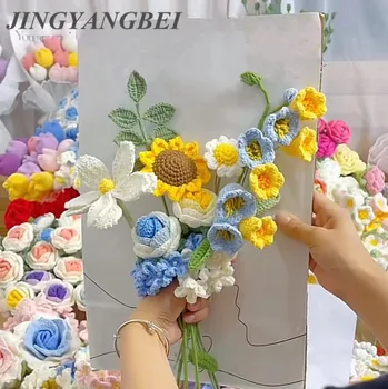 El Dokuması yapay çiçek Yün Tığ Butik DIY İplik Tekstil Çiçek Buketi El Yapımı düğün dekorasyonu Çiçekler