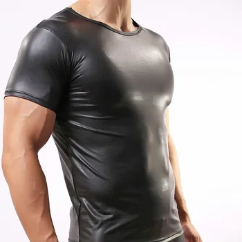 erkek seksi faux deri t shirt Erkek moda Erkekler siyah naylon Tees sıkı gömlek Eşcinsel Komik Fanilalar Giyim korse giyim