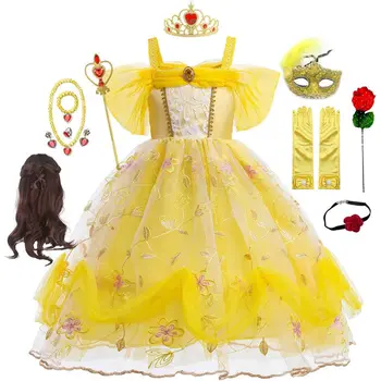 Cossky Belle Prenses Cosplay Elbise Kız Elbise Güzellik Ve Beast Çocuklar Parti Sihirli Sopa Taç Eldiven Çocuk Giyim