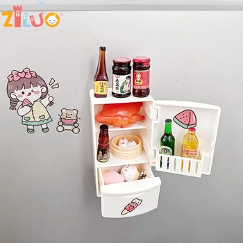 Sevimli Minyatür Ürünler Buzdolabı yiyecek içecek Mini Oyuncaklar Dollhouse Buzdolabı Mutfak Aksesuarları Oyuncak Kızlar için 1:12 1: 6 BJD Bebek