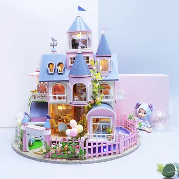DIY Minyatür Mobilya Takımı Ahşap Bebek Evi Prenses Kale Montaj Yazlık Casa Dollhouse Oyuncaklar Kızlar Yetişkinler için Hediyeler