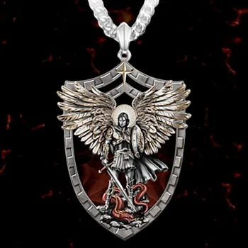 Erkek Mücevher Savaşçı Guardian Kutsal Melek Aziz Michael Kolye Kolye Erkekler Paslanmaz Çelik Kolye Şövalye Kalkanı JewelryGift