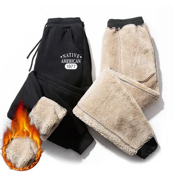 Erkekler Polar Sıcak Kargo pantolon 2022 Sonbahar Kış Rahat Gevşek Baskı İpli Spor Pantolon Erkek Termal Lambswool Sweatpants