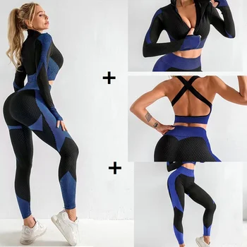 Yoga Seti Dikişsiz kadın Spor Uzun Kollu Kırpma Üst Katı Spor Giyim Yüksek Bel Tayt Spor Koşu spor takımları