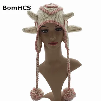 BomHCS Komik Şeytan Boynuzları Earflaps Bere Şapka El Yapımı Örme Kış Kalın Kap noel hediyesi