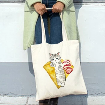 Kadın Rahat Alışveriş çantası Sevimli Karikatür Kedi Anime Tuval alışveriş çantası Büyük Kapasiteli Katlanabilir Harajuku omuzdan askili çanta Çanta