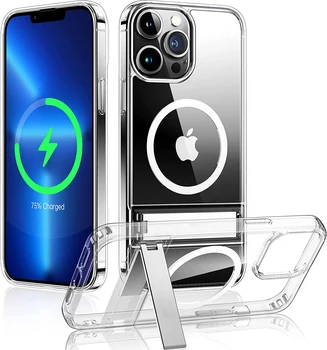 Temizle Manyetik Telefon Kılıfı için iPhone 14 Pro Max 13 12 11 Mini için Metal Kickstand ile MagSafe Kablosuz Şarj arka Kapak