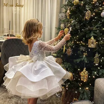 Bebek Kız Prenses Sequins Tutu Elbise Uzun Kollu Bebek Yürüyor Vintage Vestido Parti Doğum Günü Pageant Noel Bebek Giysileri 1-7Y