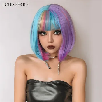 LOUİS FERRE Kısa Düz Mavi Peruk Mor Sentetik Bob Peruk Kadınlar için Patlama ile Makine Yapımı Cosplay Lolita Saç