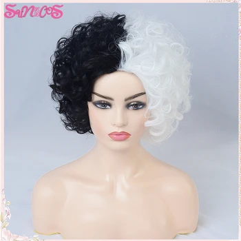 Yeni Cruella Peruk CRUELLA de Vil kısa Siyah Beyaz Bayan Nokta saç Deville ısıya dayanıklı sentetik peruk Cadılar Bayramı ücretsiz peruk kap