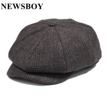 NEWSBOY Yün Erkek Şapka Tüvit Ekose Newsboy Kap İngiliz Tarzı Gatsby Düz Kap Yün Sekizgen Şapka Sonbahar Kış Erkek Bere