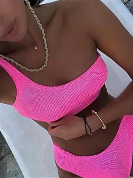 Seksi Katı Neon Kırışık Doku Bir Omuz bikini seti Kadın Orta Bel Mayo Mayo 2022 Beachwear Yüzmek Plaj Banyo Takım Elbise