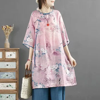 Cheongsam Üst Orta uzunlukta Baskı Vintage 2022 Yaz Yeni Eğimli Placket Zarif Gömlek O-Boyun Gevşek Kadın Çin Tarzı Bluz