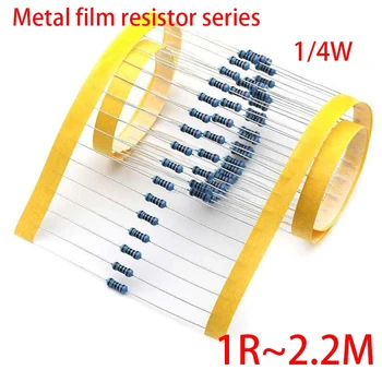 100 adet Metal film rezistans serisi 1/4W 1R~2.2 M 1% 100R 220R 1K 1.5 K 2.2 K 100 220 1K5 4.7 K 10K 22K 47K 100K 2K2 4K7 ohm