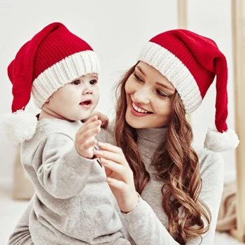Noel Ebeveyn-Çocuk Şapka Sevimli Ponpon Örme Şapka Çocuklar Kız Erkek Bere Kap Düz Renk Kış sıcak Kap Tığ Anne Bebek Kaput
