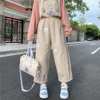 Japon Kawaii Yumuşak Kız Sevimli Ayı Baskı Kadın Pantolon Temel Vahşi Yüksek Bel Gevşek Pantolon Elastik Bel Rahat Öğrenci Pantolon