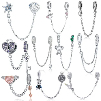BISAER 925 Ayar Gümüş Güvenlik Zinciri Koleksiyonu Kalp Yıldız Charms Silikon Boncuk Fit Kadınlar Bilezik Güzel Takı Aksesuarları