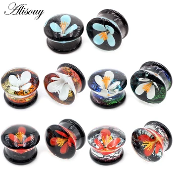 Alisouy 1 ADET 8-25mm Şeffaf Yuvarlak Cam Çiçek Kulak Göstergeleri Tünel Fiş Eti Sedye Genişletici Küpe Piercing göbek takısı