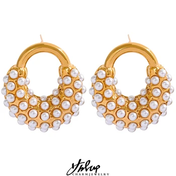 Yhpup Zarif Taklit İnciler Paslanmaz Çelik Geometrik Saplama Küpe Şık 18K PVD Altın Kaplama Charm moda takı Kadınlar için