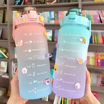 1.5 L/ 2L Taşınabilir Büyük Kapasiteli Su Şişesi Zaman İşaretleyici BPA Buzlu Bardak Spor içme suyu şişesi Saman İle sevgililer Günü Hediyesi