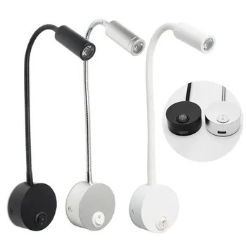 Siyah Gümüş Beyaz Duvara Monte Okuma Lambası USB şarj portu ile 4000K 3W LED Başucu Anahtarı Duvar Lambası Esnek Gooseneck
