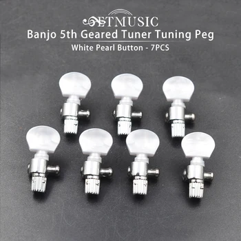 7 ADET Banjo 5th Dişli Tuner Tuning Peg Makine Başkanları ile Beyaz İnci Düğme Banjo Parçaları Krom