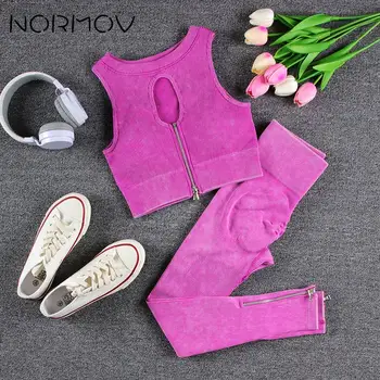 NORMOV Yıkama Nervürlü Yoga Setleri 1/2 ADET Spor Setleri Fermuar Sutyen Gömlek Yüksek Bel Spor Tayt Şort Kadın Egzersiz Setleri Yaz