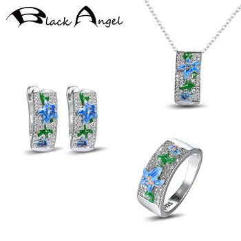 SİYAH MELEK Yeni El Yapımı Mavi Emaye Seastar Çiçekler Kolye Yüzük Uzun Klip Küpe Kadınlar İçin Moda 925 Gümüş takı seti