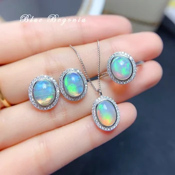 7 * 9MM Doğal Opal Takı Taş Yüzük düğme küpe Kolye Kadınlar için Doğum Günü Kız Arkadaşı Hediye 925 Ayar Gümüş Kolye